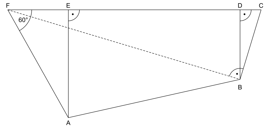 Geometrische Skizze mit den Punkten A bis F, Winkeln und gestrichelter Diagonale FB.